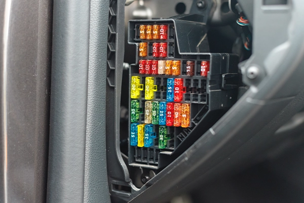 Multicolored fuse box in car